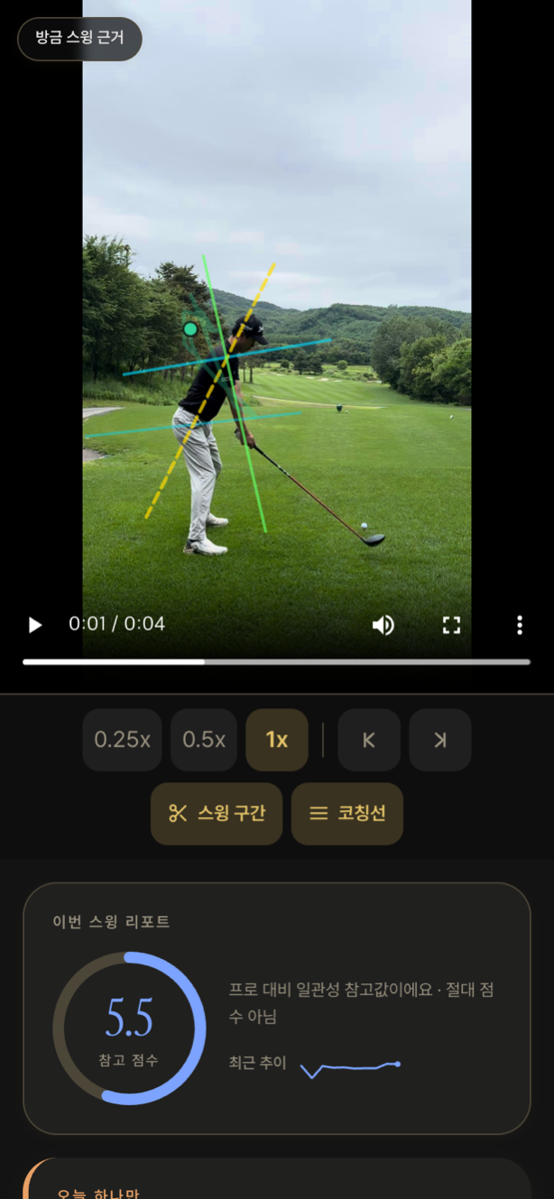 야외 골프장에서 촬영한 실제 스윙 영상 위에 분석 선이 표시된 스윙북 화면