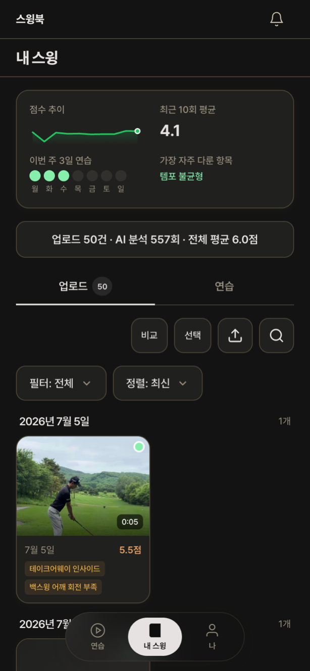 스윙북 내 스윙 화면. 점수 추이 그래프와 날짜별 스윙 영상 기록이 나열되어 있다.